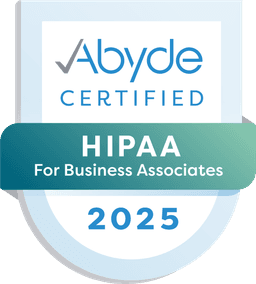 Existing Abyde Certified HIPAA for Business Associates badge, dated 2025