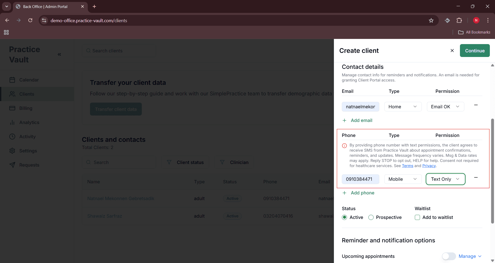 Back Office - Client With SMS Consent