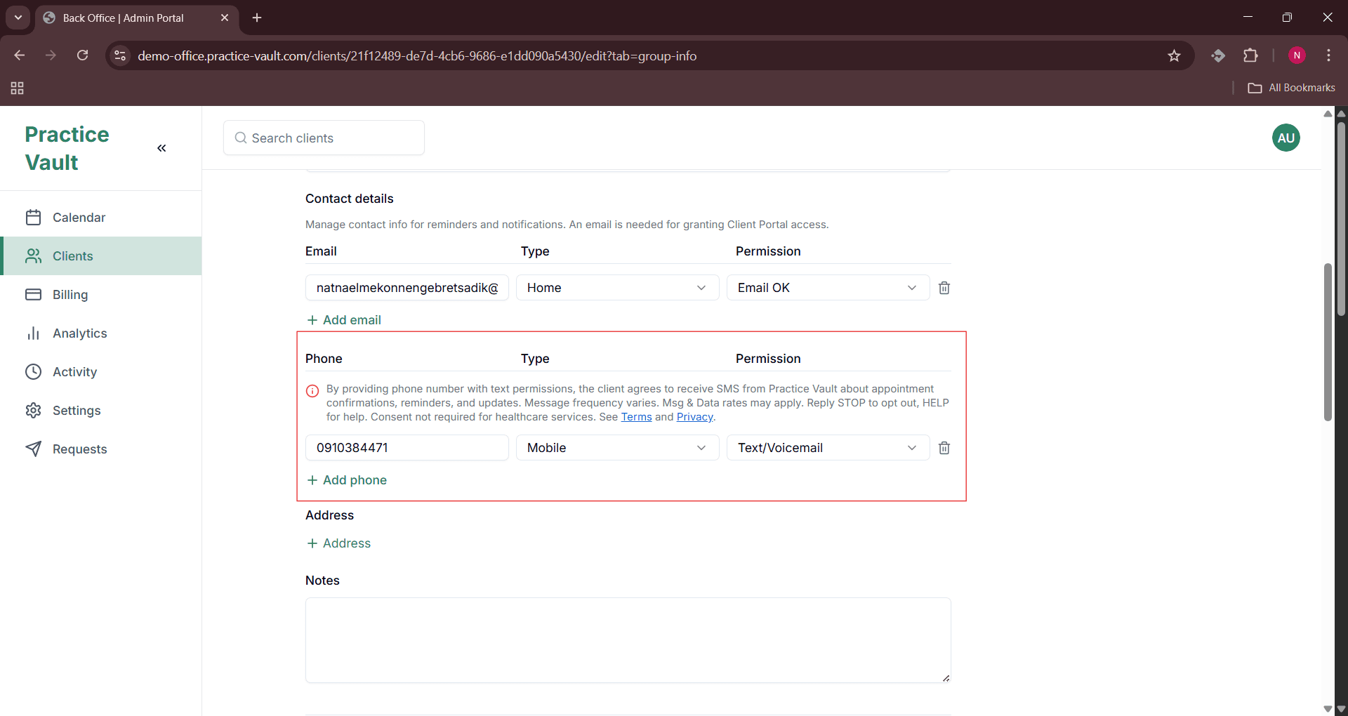 Back Office - Edit Client With SMS Consent