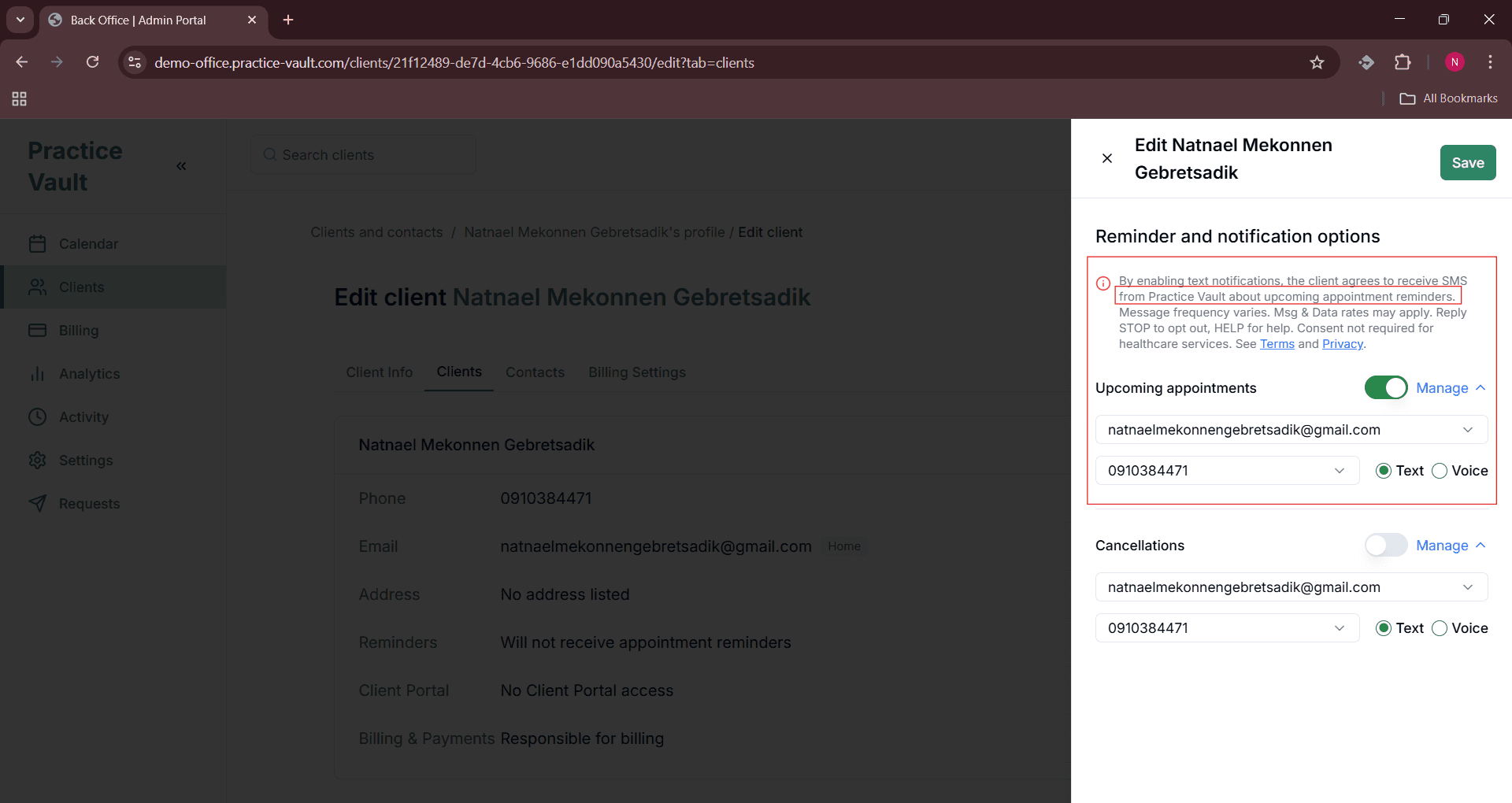 Back Office - Edit Notification Preferences
