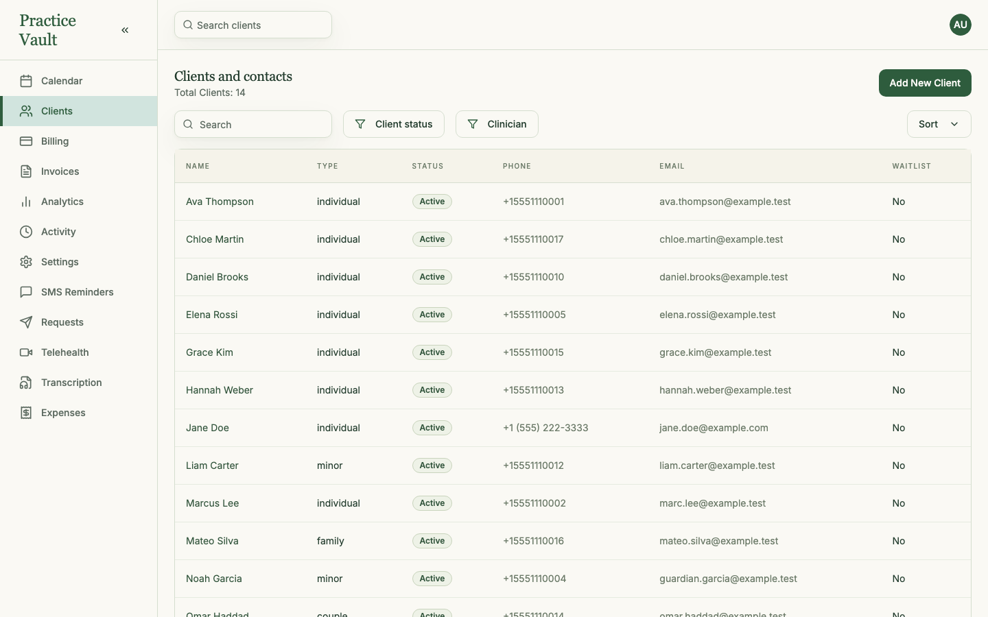 The real client directory, with search, status filters, and migration guidance.