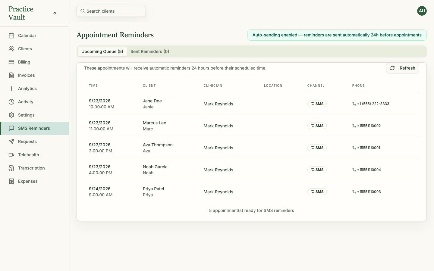 The real PracticeVault appointment reminder queue, shown with fictional demo data
